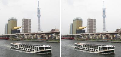 東京スカイツリー 634mと水上バス 平行法3Dステレオ立体写真