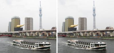 東京スカイツリー 634mと水上バス 交差法3Dステレオ立体写真